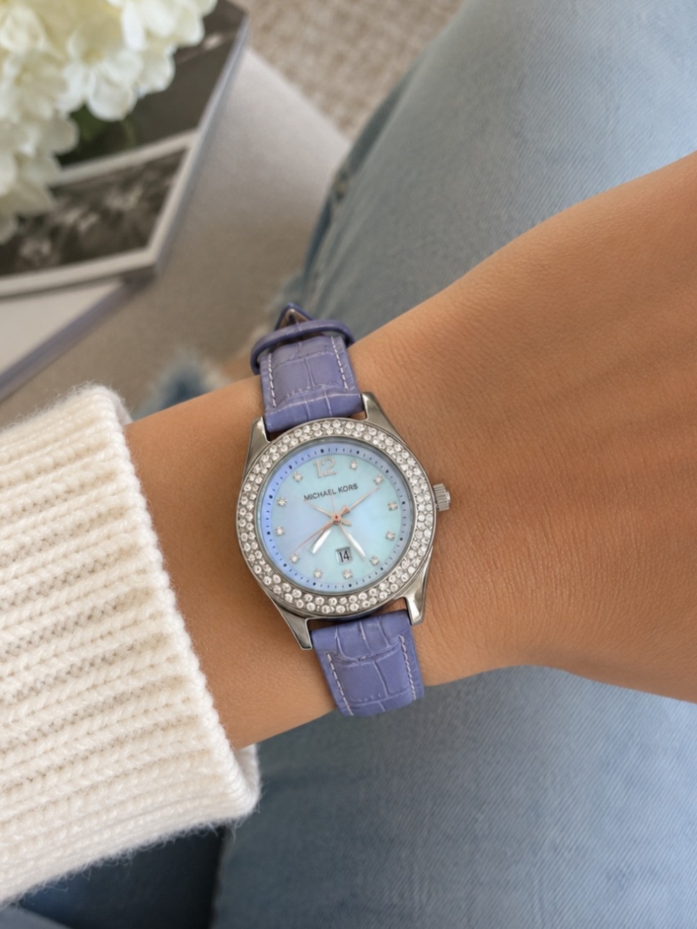 Michael Kors Lavender Purple Leather Strap Watch with Crystal Bezel